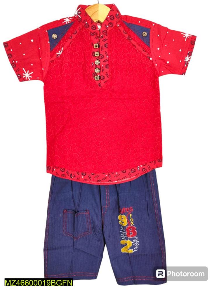 Boy's Cotton Printed Shirt And Shorts Set