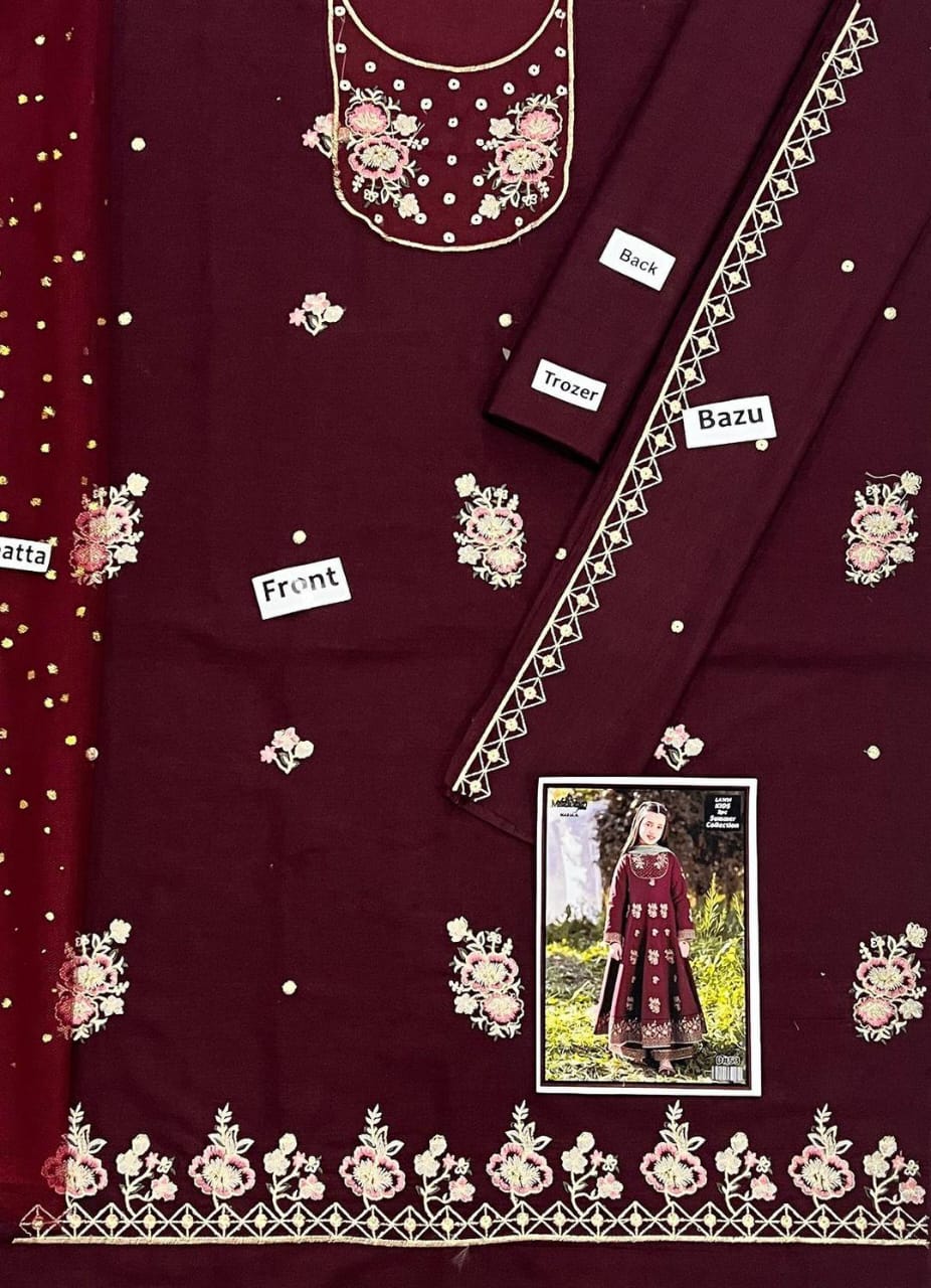 3 Pcs Girl's Lawn Embroidered Unstitched Suit