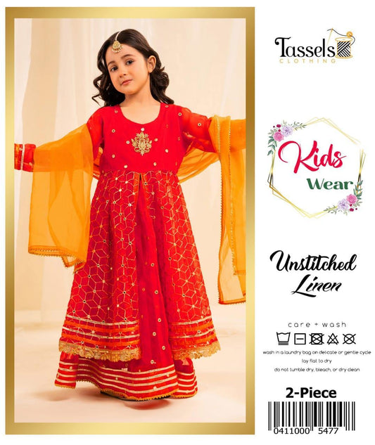 2 Pcs Girl's Linen Embriodered Unstitched Suit