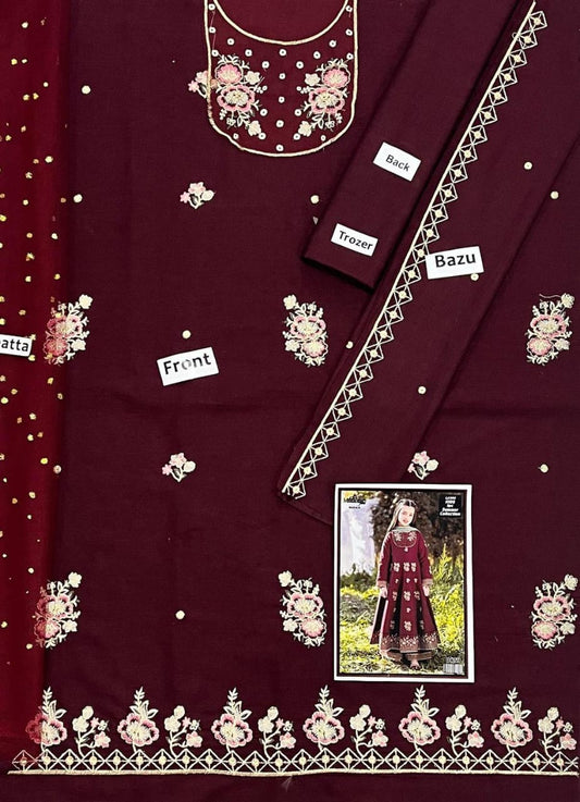 3 Pcs Girl's Lawn  Embroidered Unstitched Suit