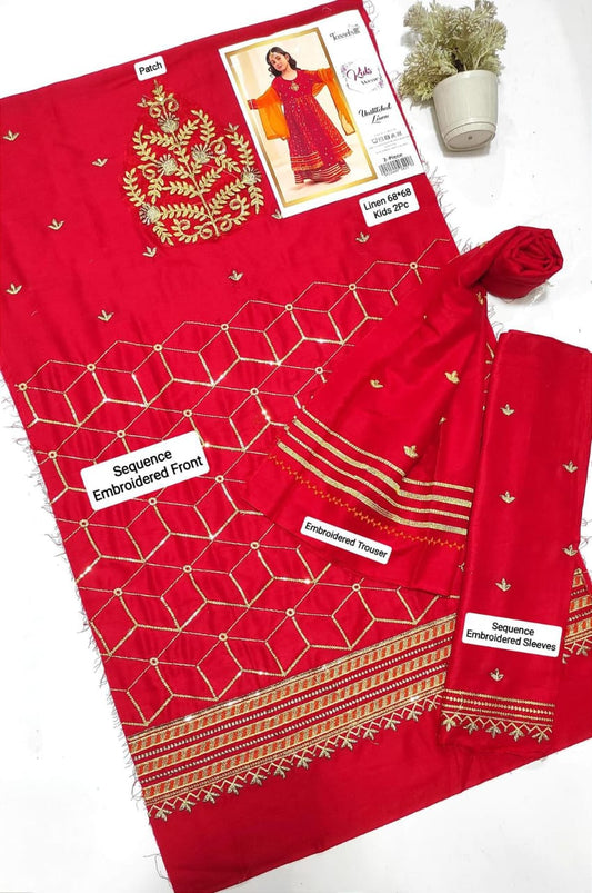 2 Pcs Girl's Linen Embriodered Unstitched Suit